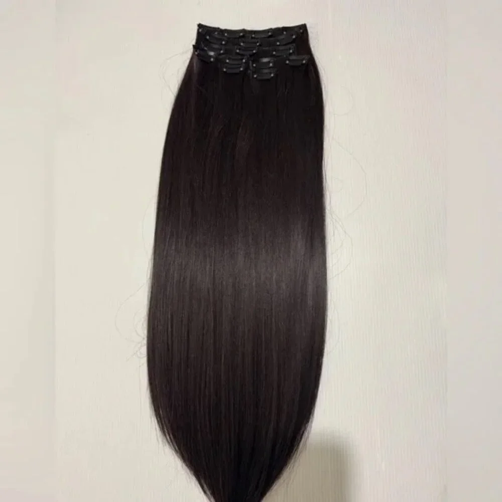Human Hair Blend Clip-In Extensions | Long Straight Silky Hair | Dark Brown #3